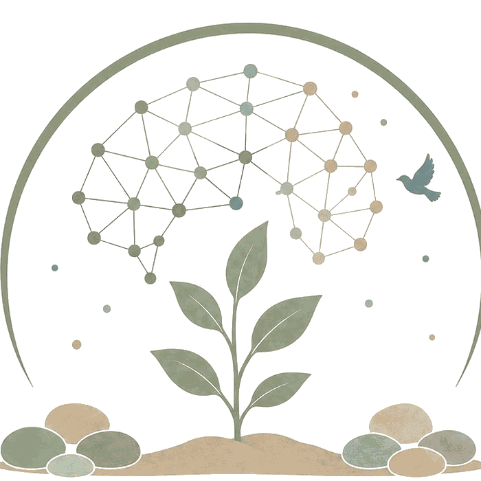 The Grounded Project logo illustration: a network forming a brain, a bird, and a growing plant